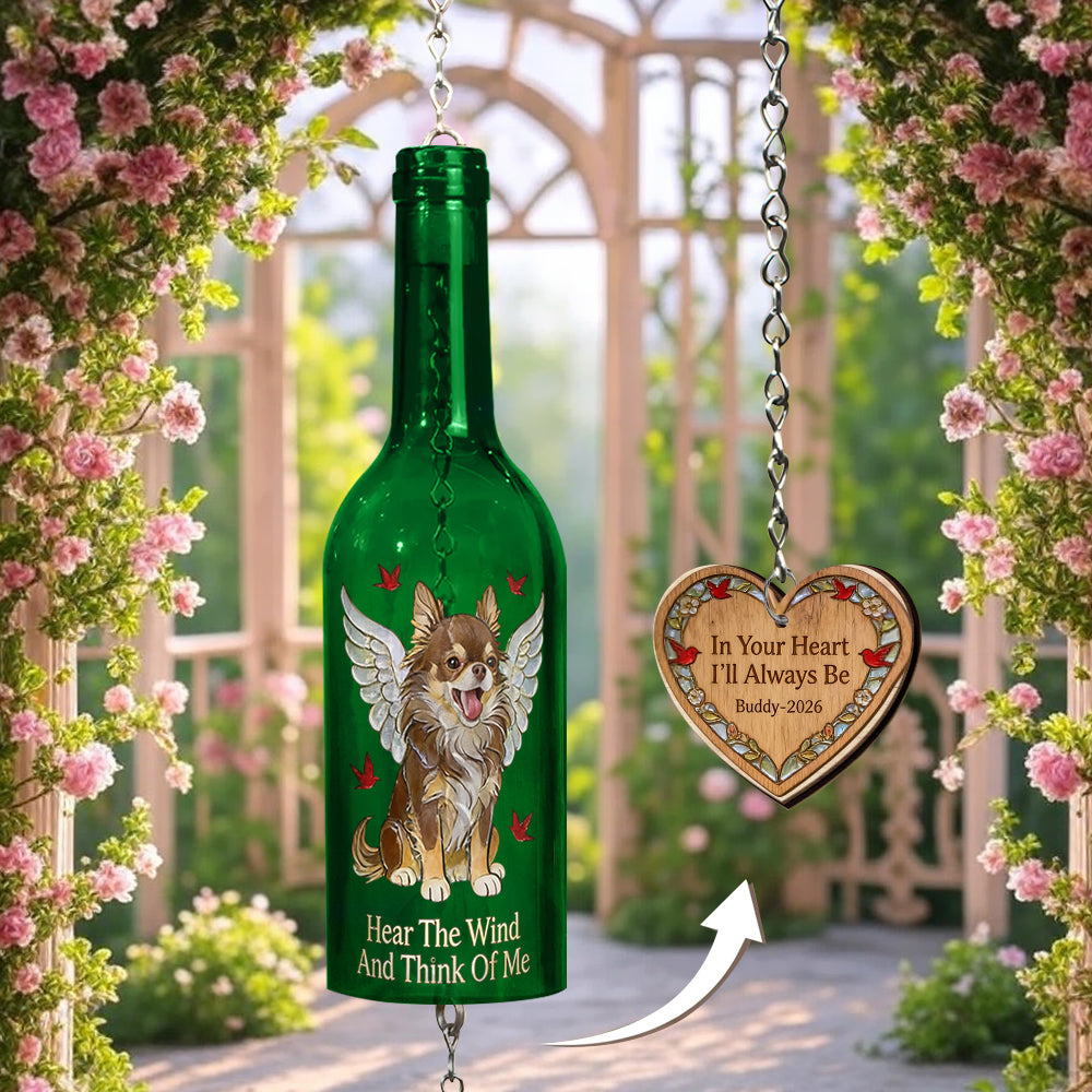 Écoute le vent et pense à moi - Carillon éolien personnalisé pour bouteille de vin avec chien