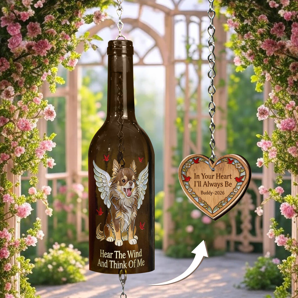 Écoute le vent et pense à moi - Carillon éolien personnalisé pour bouteille de vin avec chien