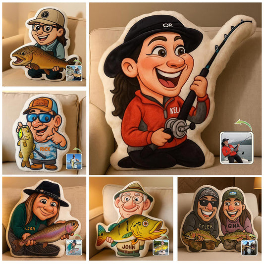 Cartoonish Caricature Fishing Gift - Personalized Fishing Faux Fur Shaped Pillow