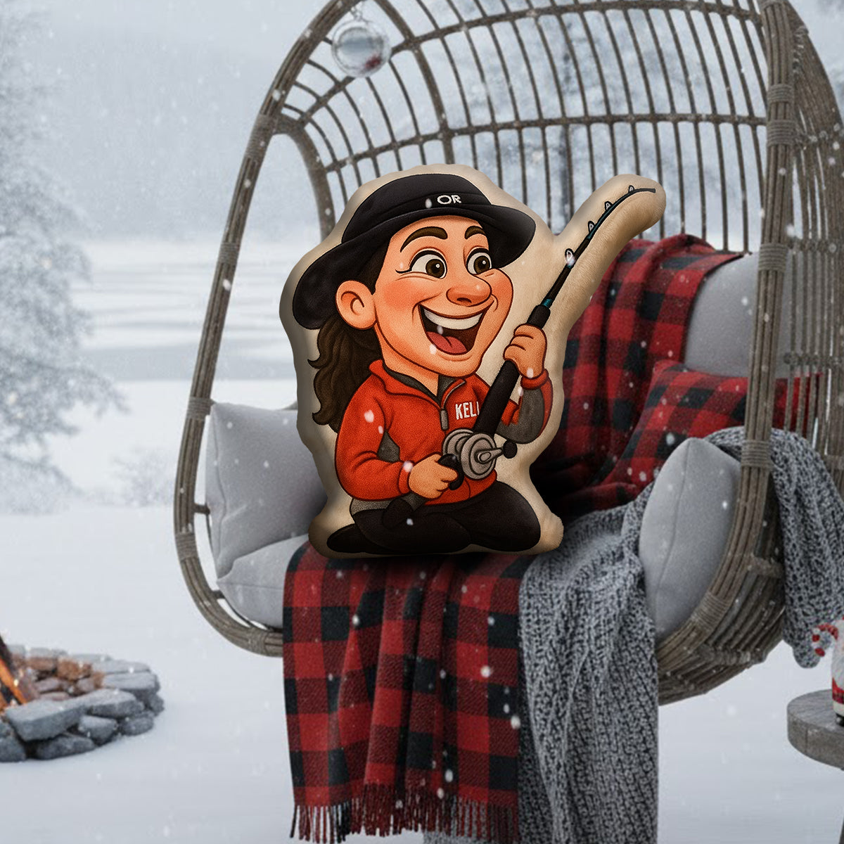 Cartoonish Caricature Fishing Gift - Personalized Fishing Faux Fur Shaped Pillow