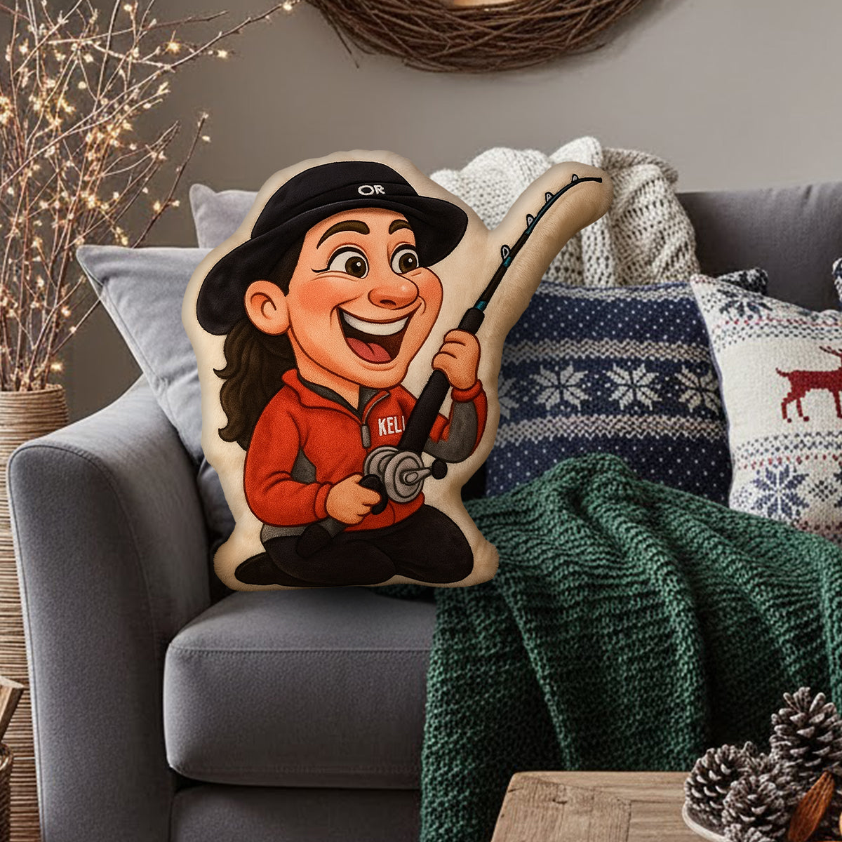 Cartoonish Caricature Fishing Gift - Personalized Fishing Faux Fur Shaped Pillow