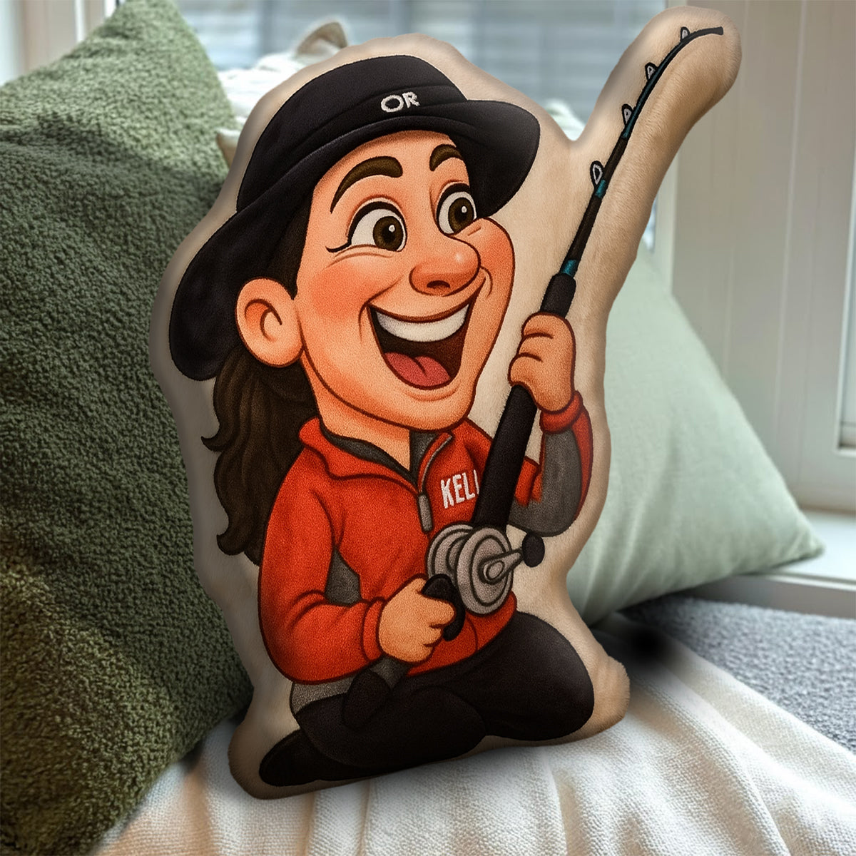 Cartoonish Caricature Fishing Gift - Personalized Fishing Faux Fur Shaped Pillow