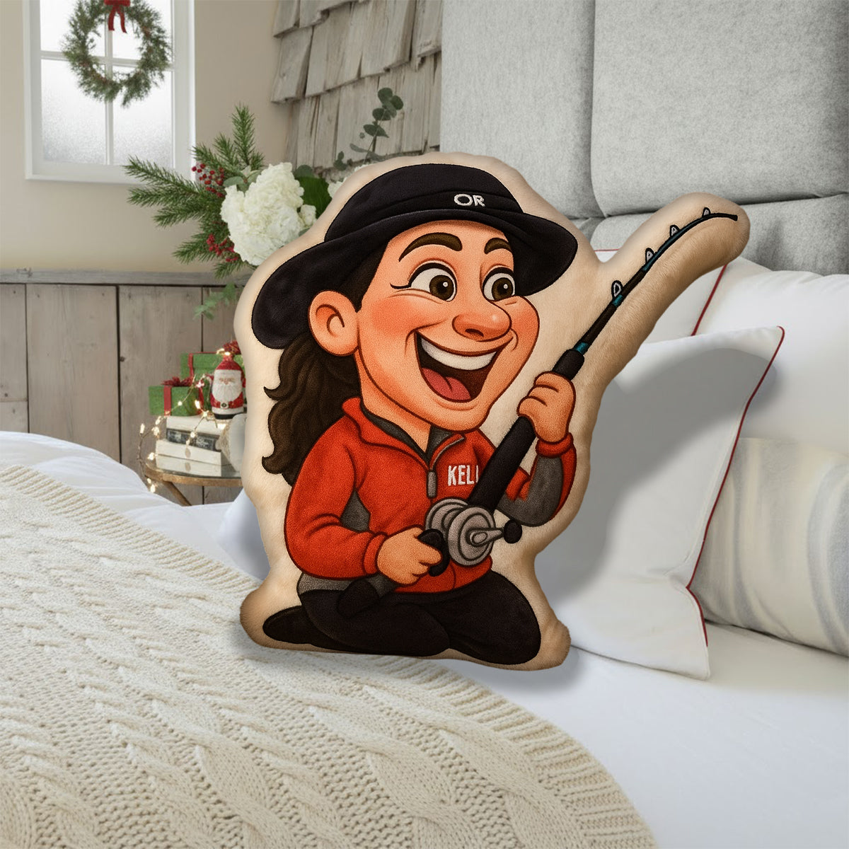 Cartoonish Caricature Fishing Gift - Personalized Fishing Faux Fur Shaped Pillow
