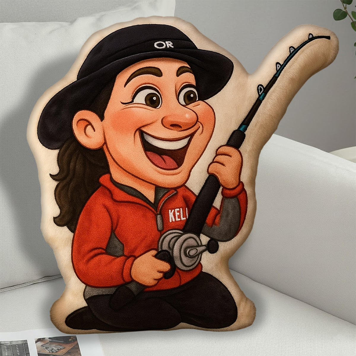 Cartoonish Caricature Fishing Gift - Personalized Fishing Faux Fur Shaped Pillow