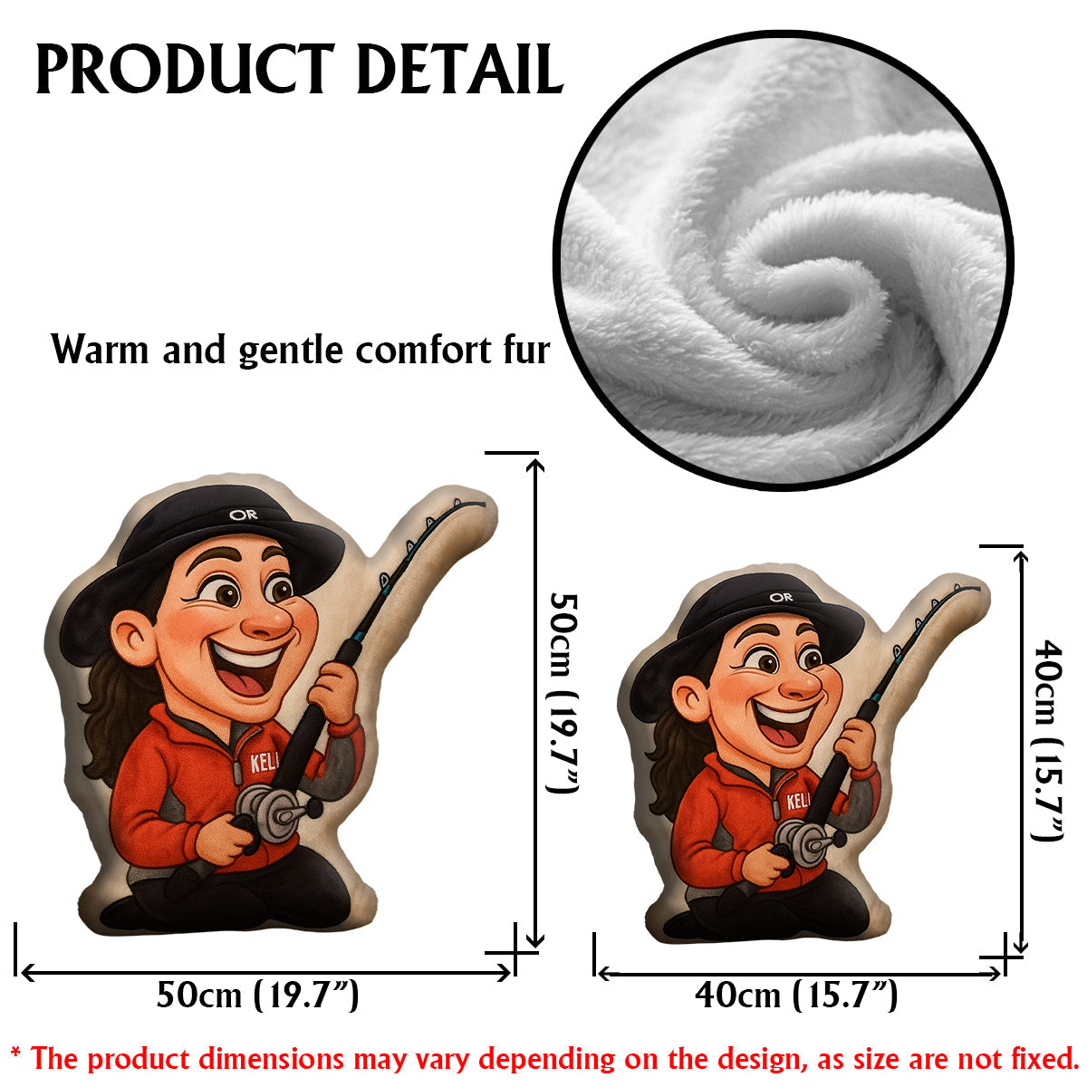 Cartoonish Caricature Fishing Gift - Personalized Fishing Faux Fur Shaped Pillow