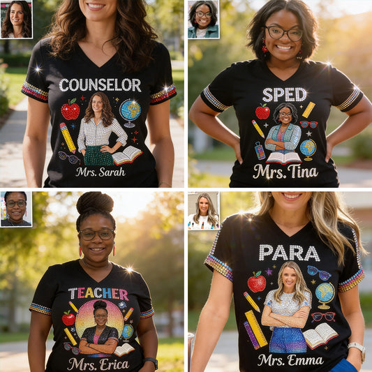 Individuelles Foto Liebe meinen Job - Personalisierte Lehrer V-Ausschnitt T-Shirt