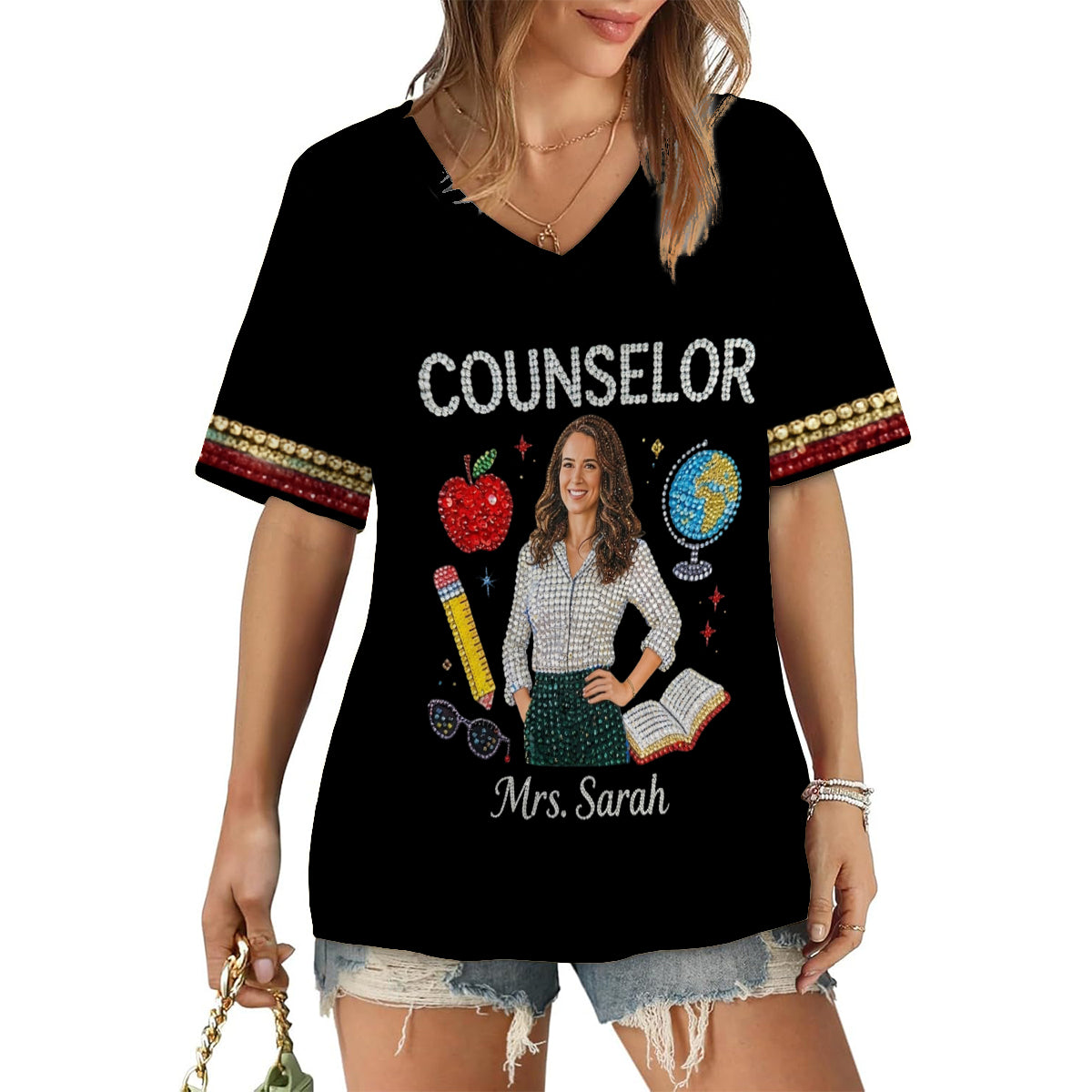 Individuelles Foto Liebe meinen Job - Personalisierte Lehrer V-Ausschnitt T-Shirt