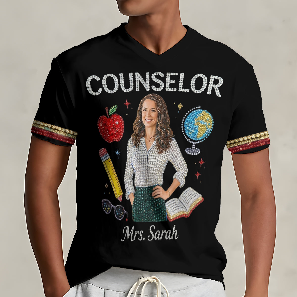Individuelles Foto Liebe meinen Job - Personalisierte Lehrer V-Ausschnitt T-Shirt