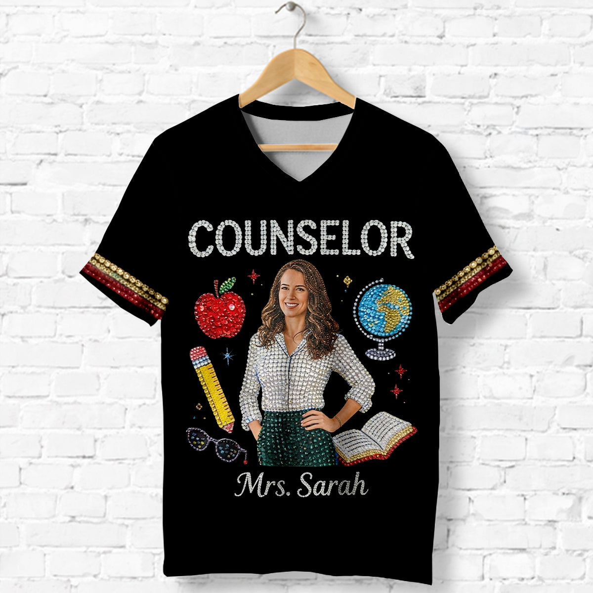 Individuelles Foto Liebe meinen Job - Personalisierte Lehrer V-Ausschnitt T-Shirt