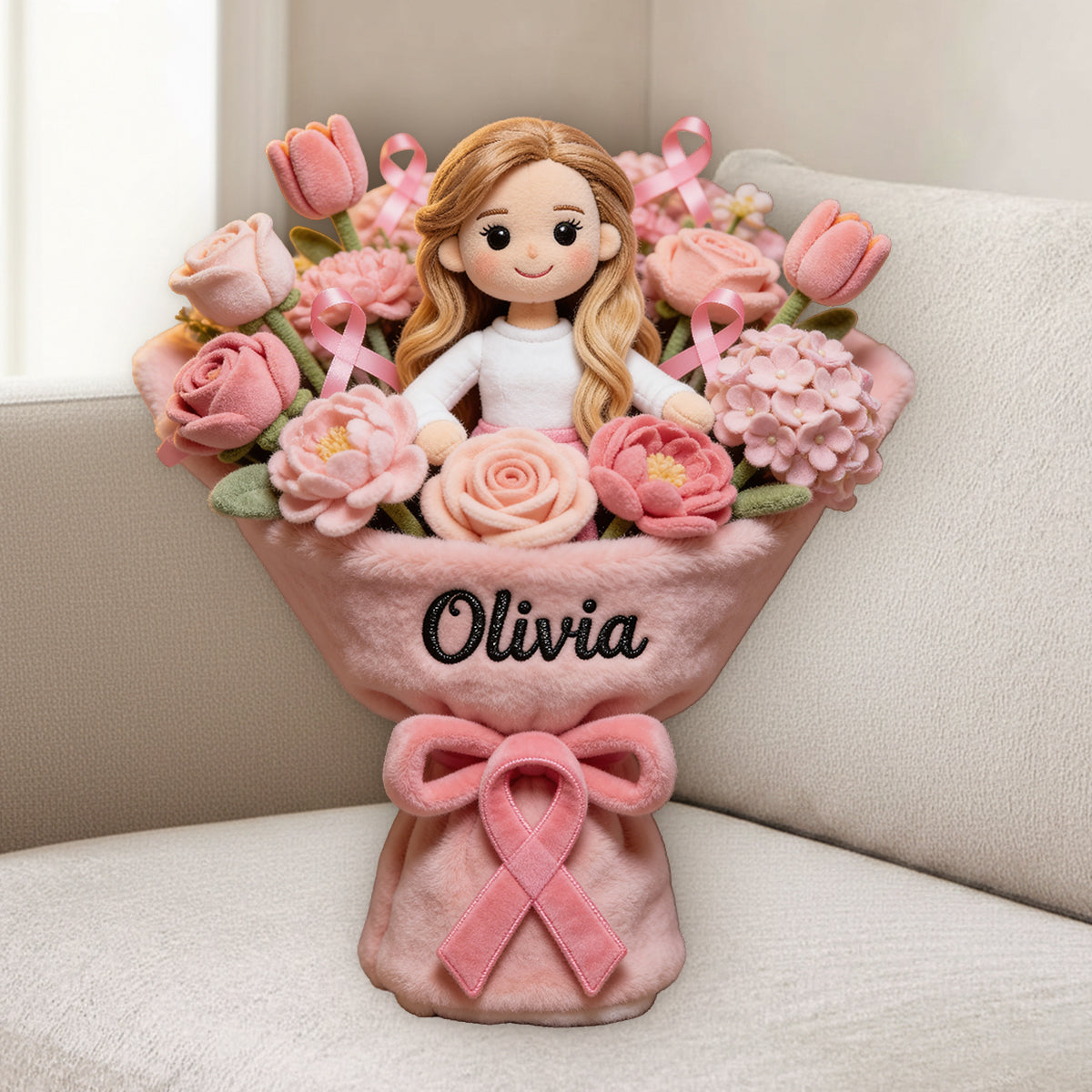 Sensibilisation au cancer du sein - Coussin en fausse fourrure premium personnalisé pour la sensibilisation au cancer du sein