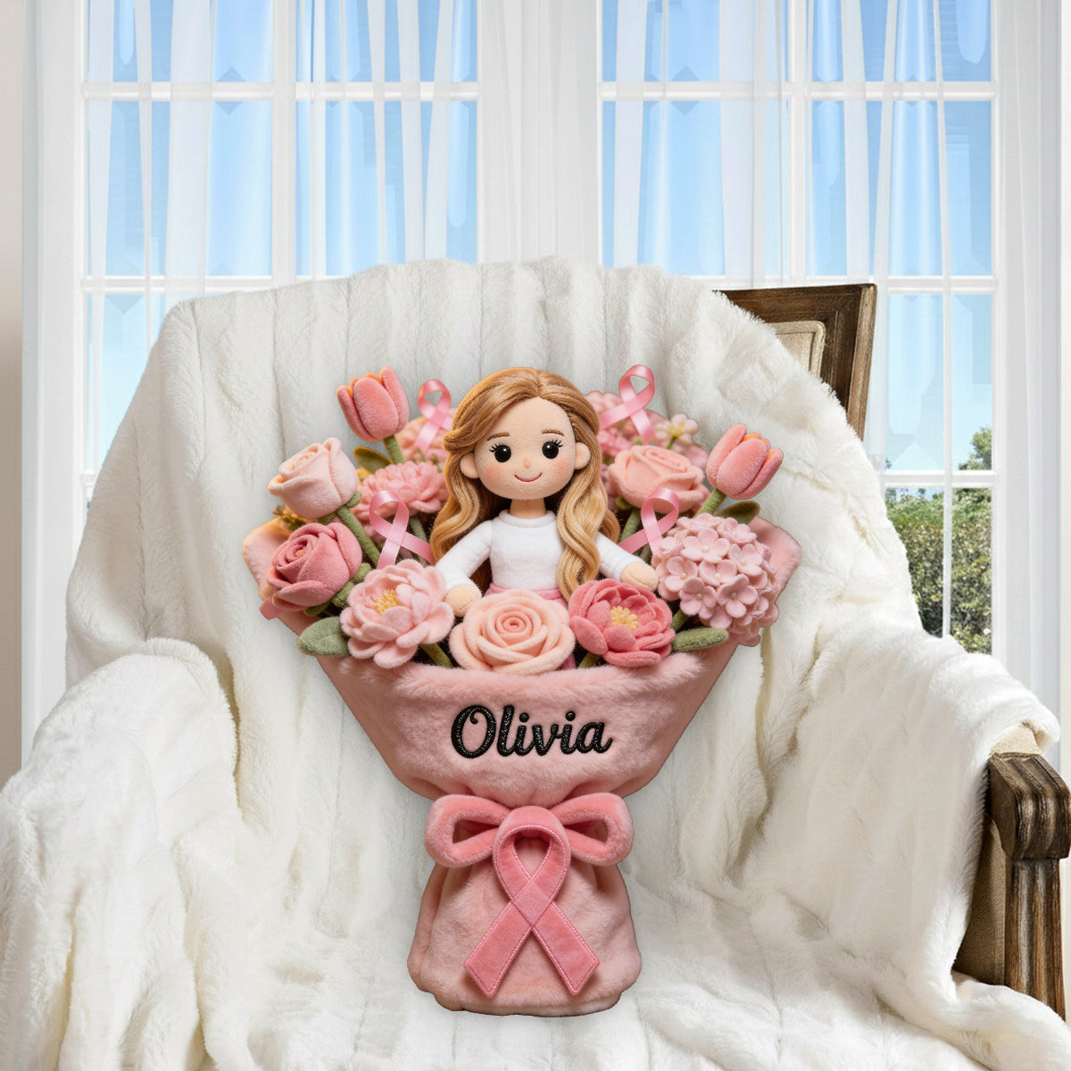 Sensibilisation au cancer du sein - Coussin en fausse fourrure premium personnalisé pour la sensibilisation au cancer du sein