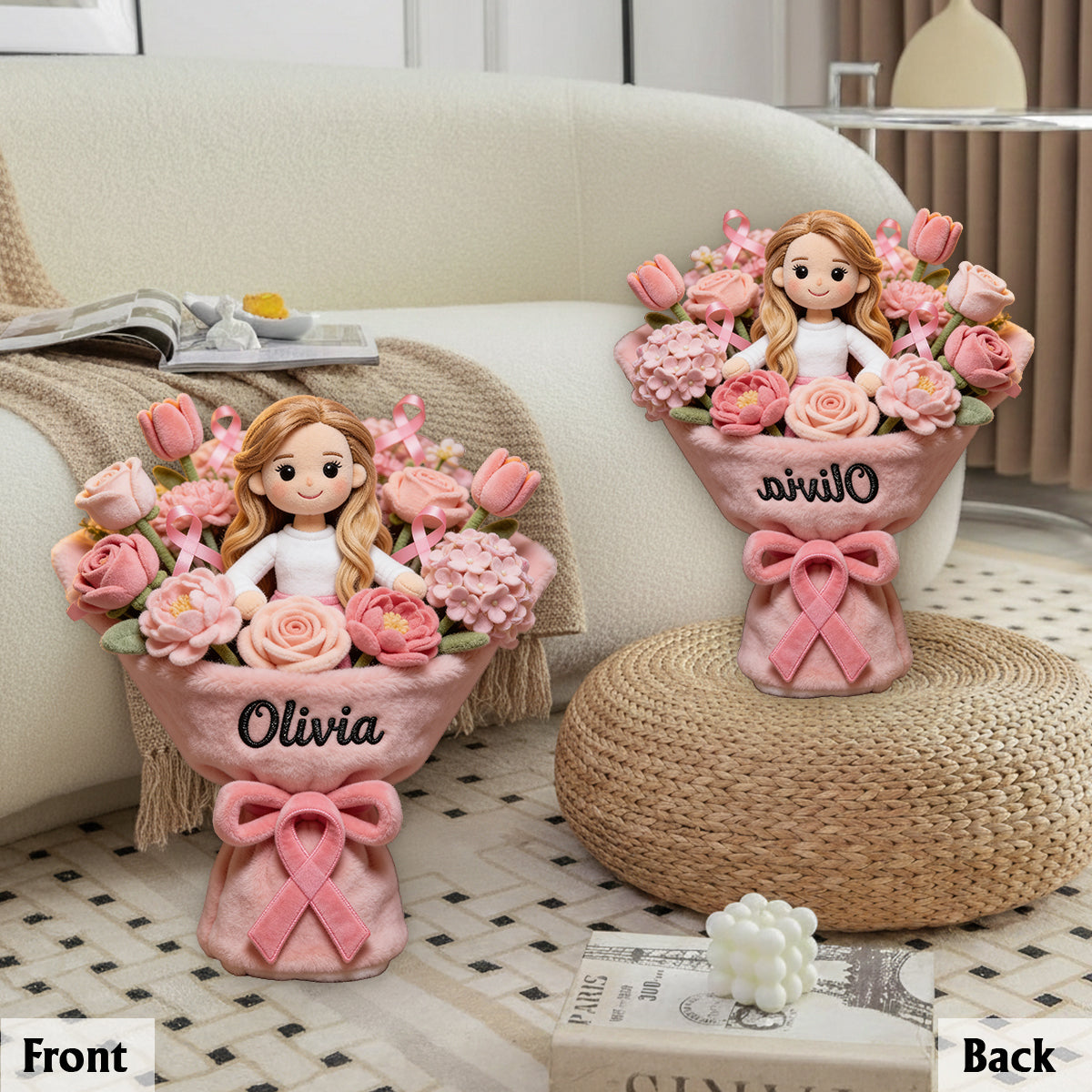 Sensibilisation au cancer du sein - Coussin en fausse fourrure premium personnalisé pour la sensibilisation au cancer du sein