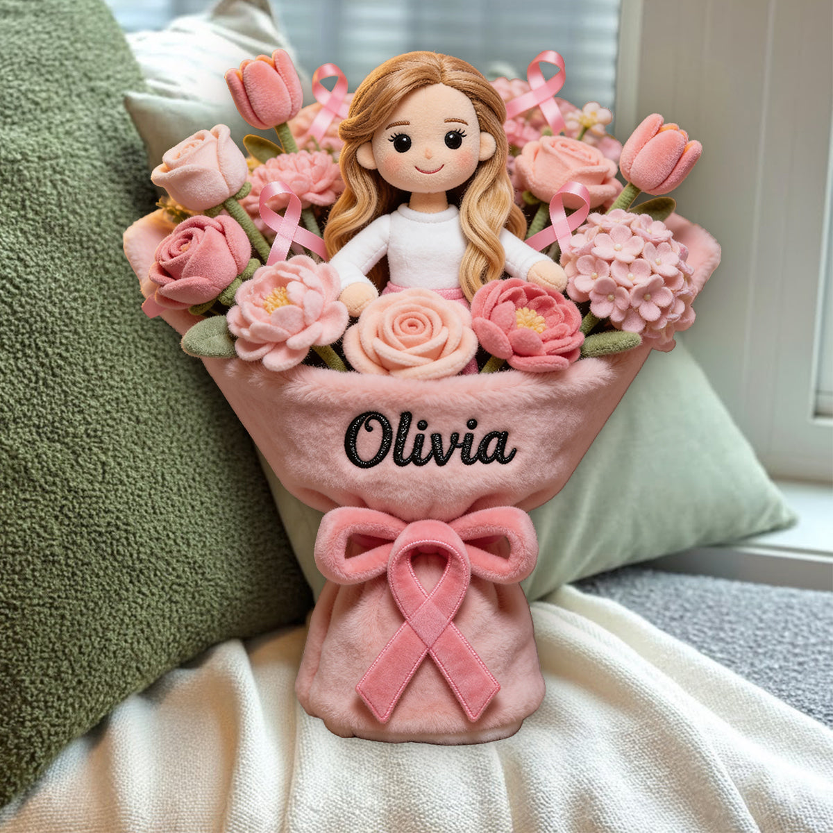 Sensibilisation au cancer du sein - Coussin en fausse fourrure premium personnalisé pour la sensibilisation au cancer du sein