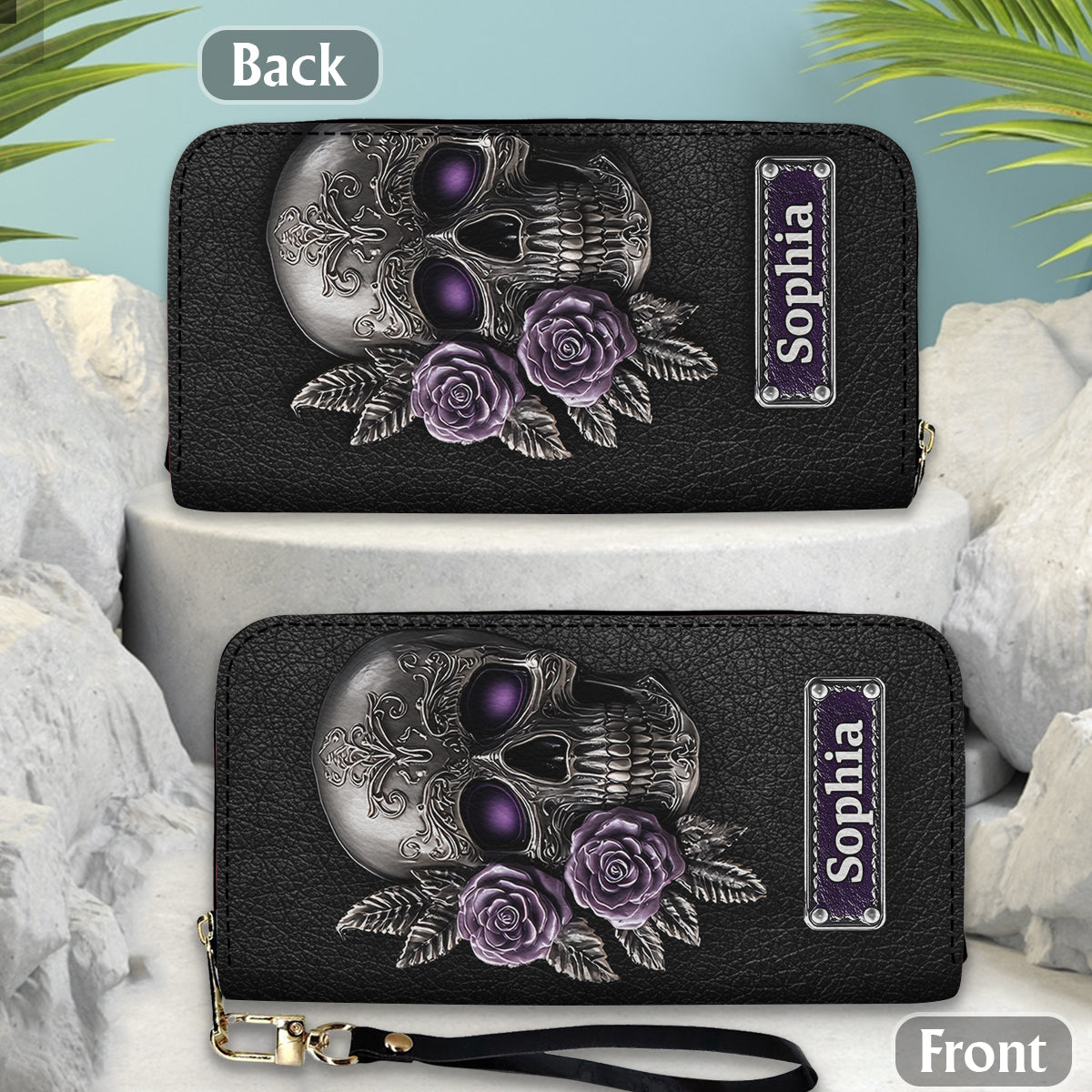 Skull And Roses - Personalized Skull Leather Long Wallet