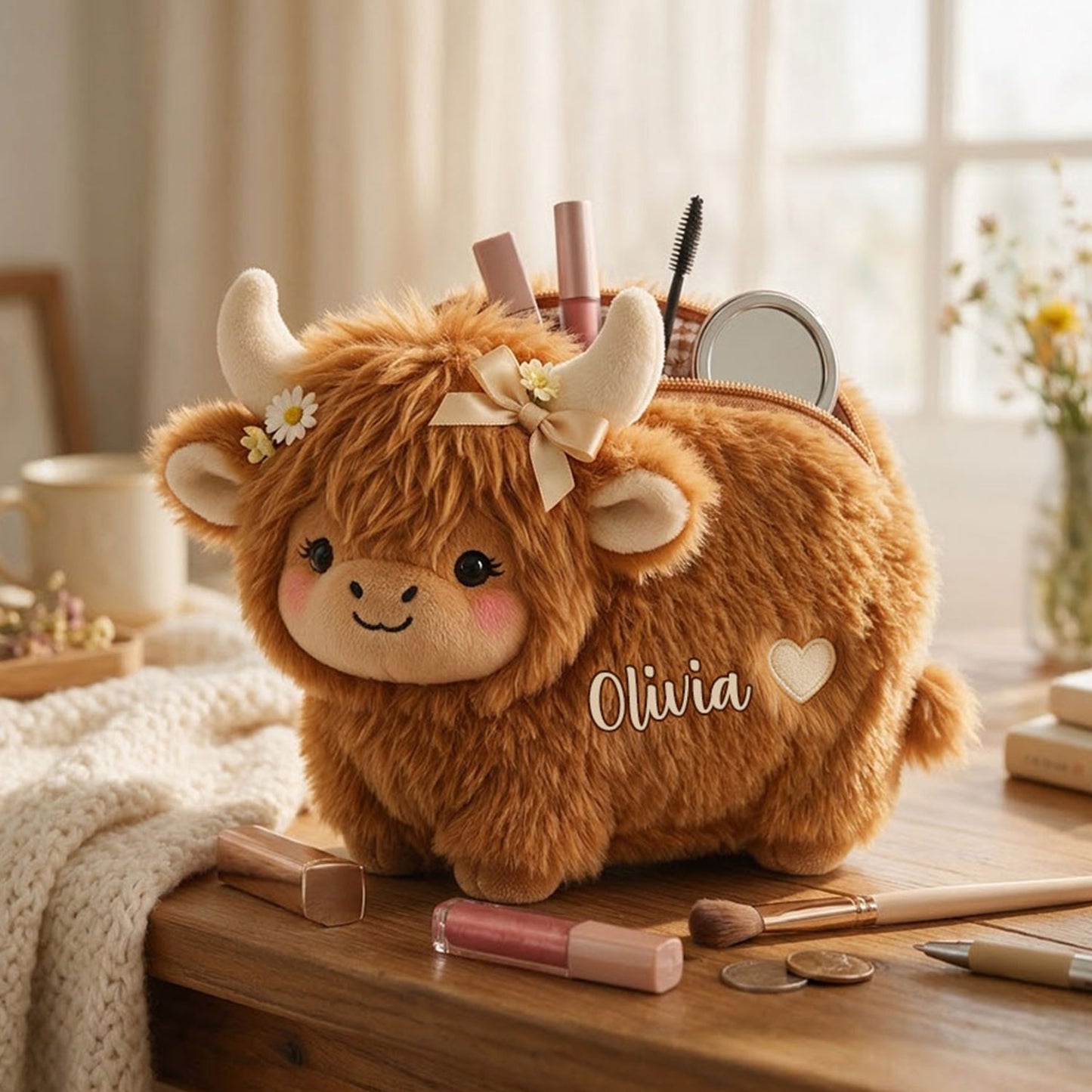 Adorable Highland Blooms - Personalized Highland Cow Plush Pouch