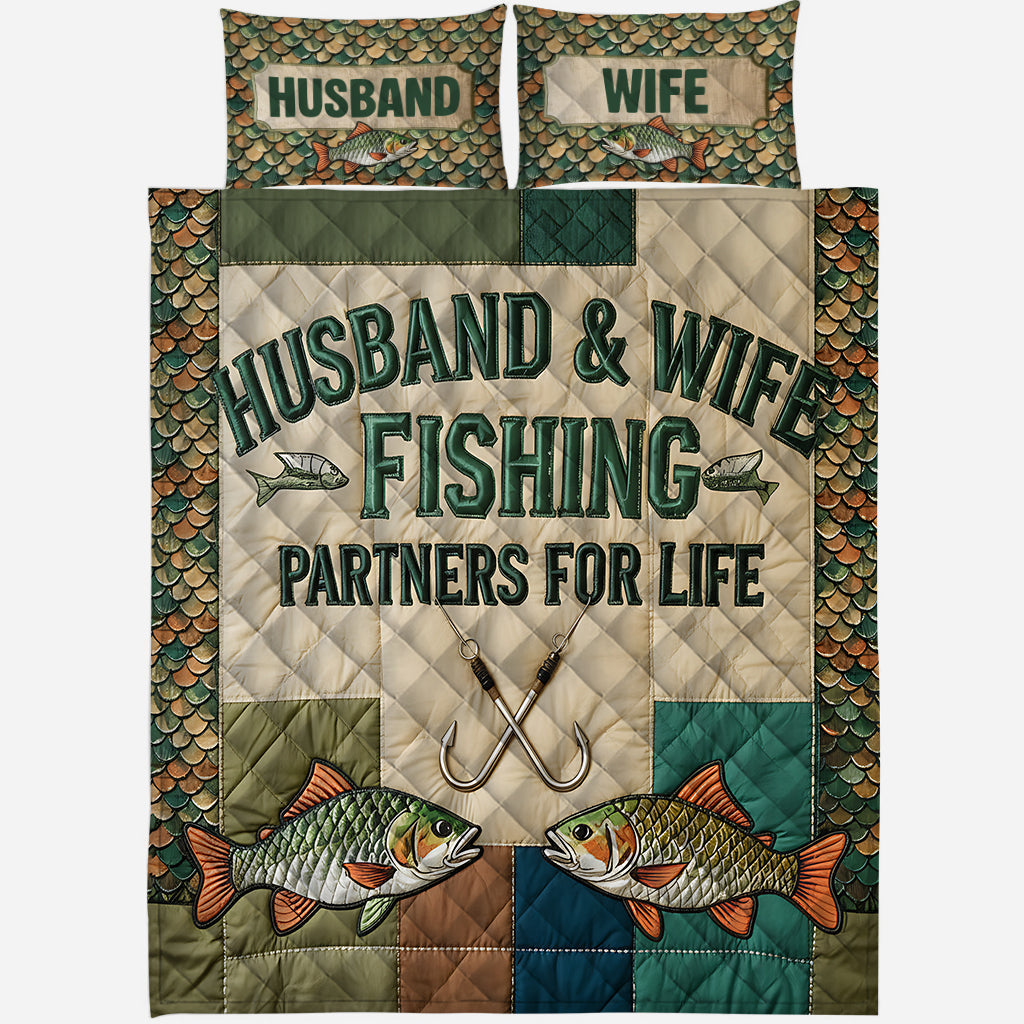Husband & Wife Fishing Partners For Life - Personalized Fishing Quilt Set