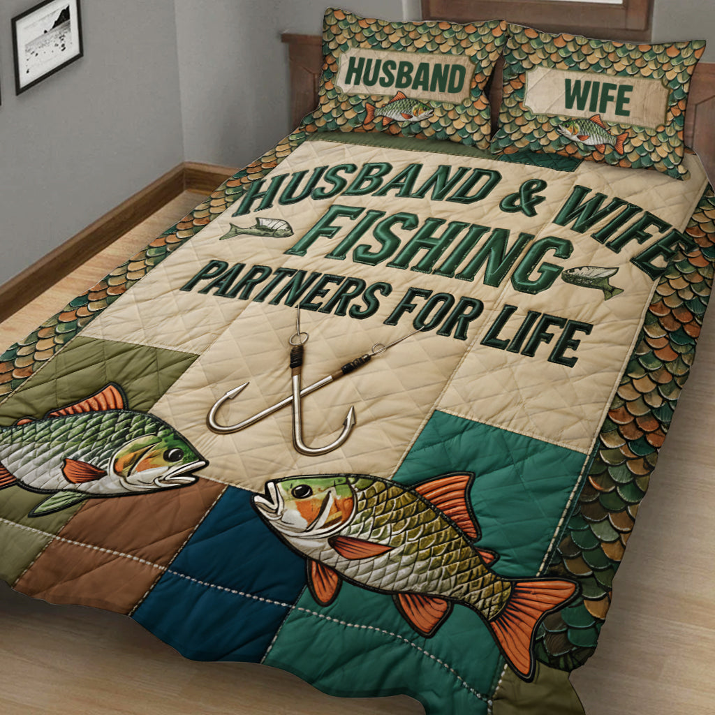 Husband & Wife Fishing Partners For Life - Personalized Fishing Quilt Set