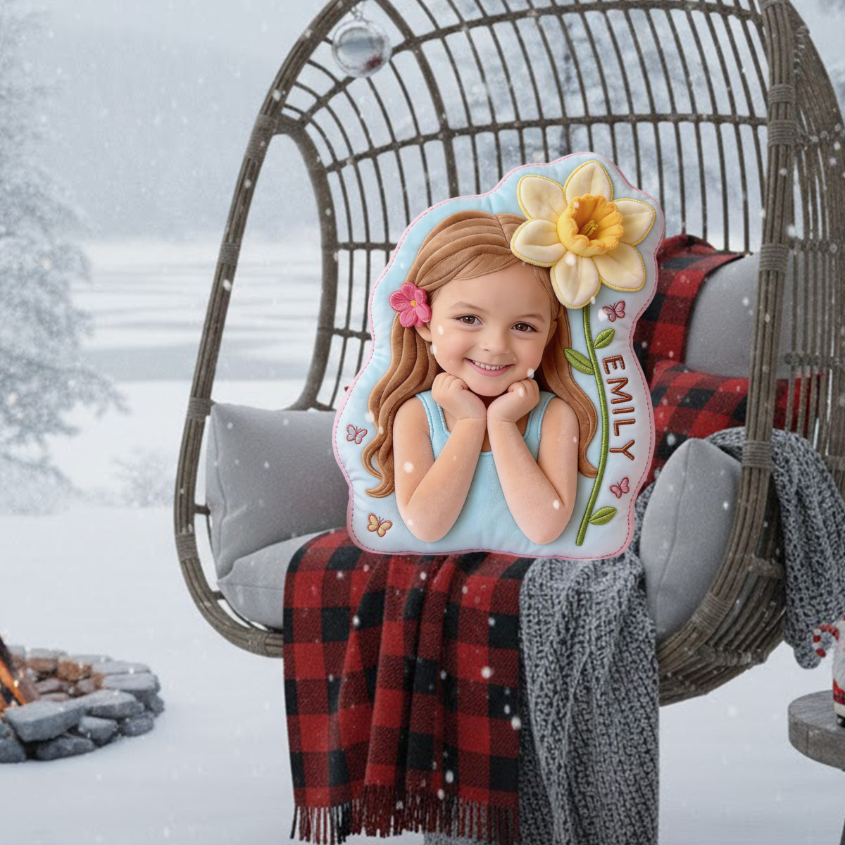 Fleur de naissance - Coussin en fausse fourrure personnalisé pour enfant