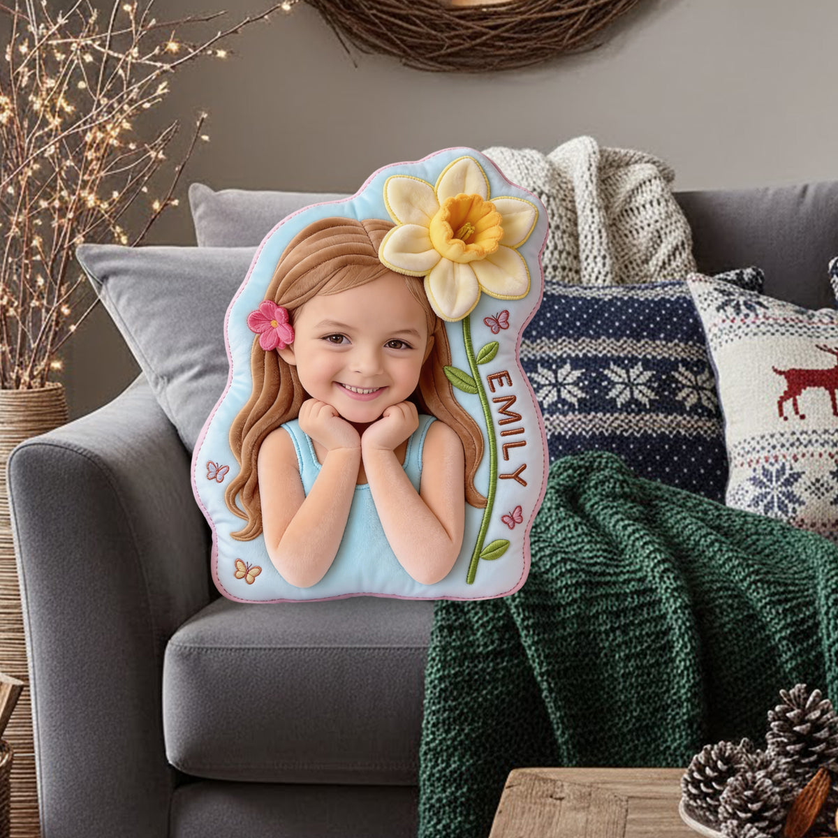 Fleur de naissance - Coussin en fausse fourrure personnalisé pour enfant