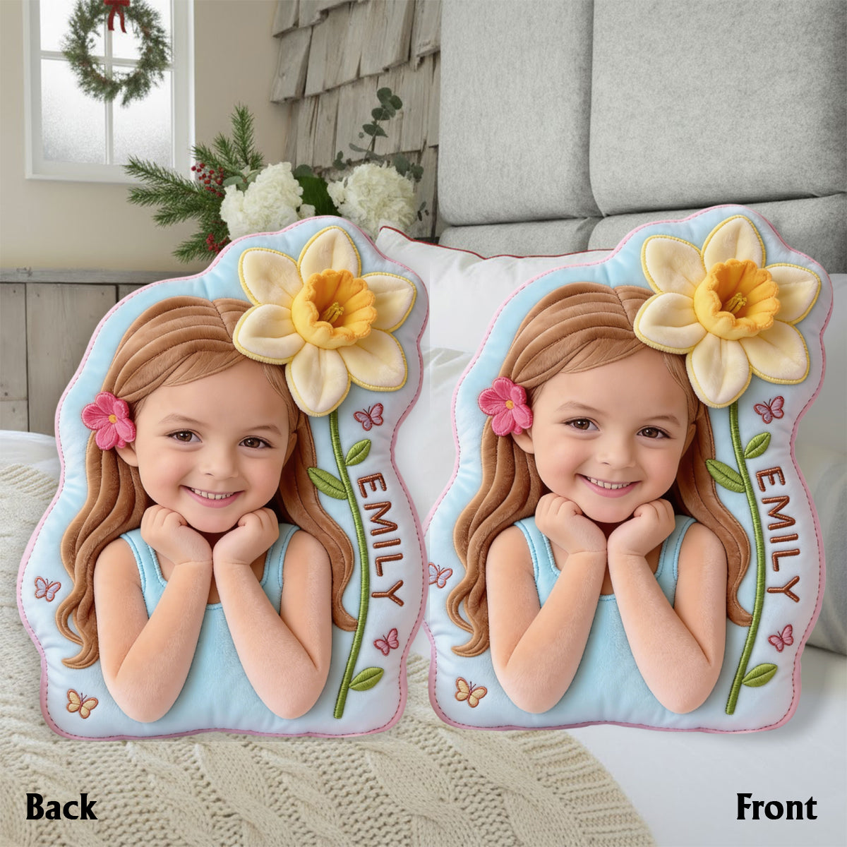 Fleur de naissance - Coussin en fausse fourrure personnalisé pour enfant