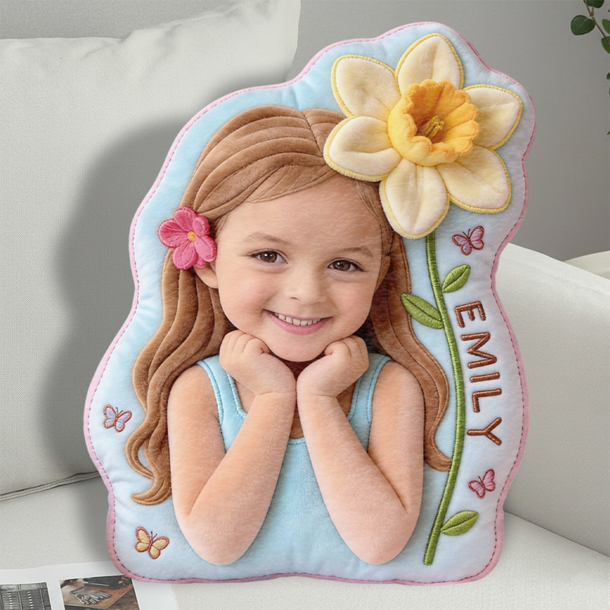 Fleur de naissance - Coussin en fausse fourrure personnalisé pour enfant
