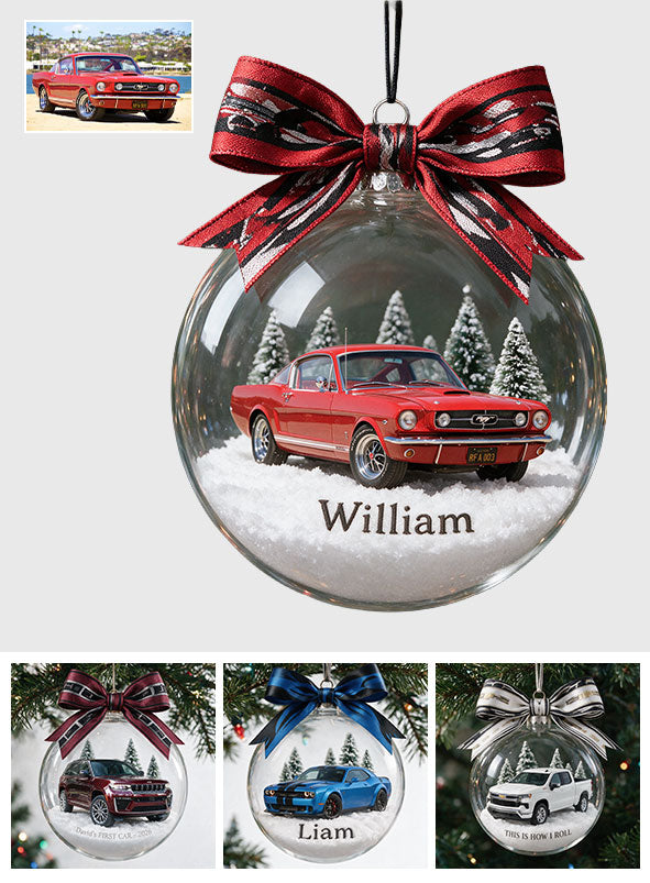 Vehicle Keepsake - Personalized Car Lover Snow Globe Ornament With Bow