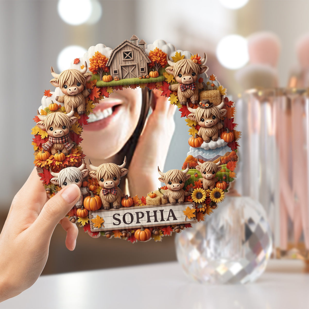 Herbstliche Hochlandrinder - Personalisierter Hochlandrind-Wandspiegel