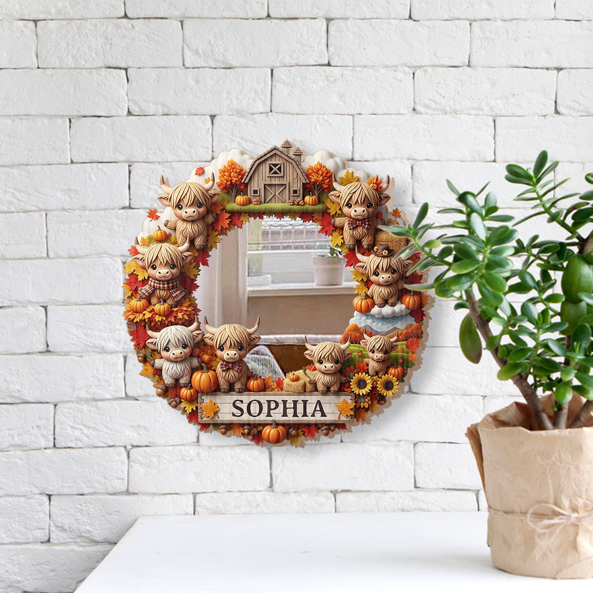 Herbstliche Hochlandrinder - Personalisierter Hochlandrind-Wandspiegel