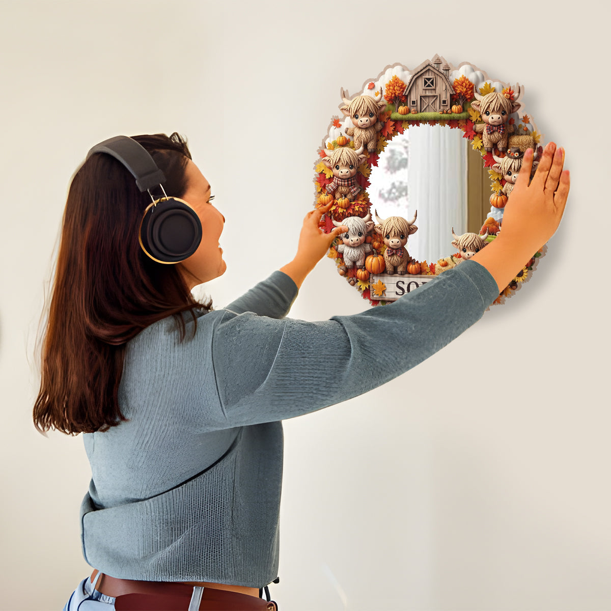 Herbstliche Hochlandrinder - Personalisierter Hochlandrind-Wandspiegel