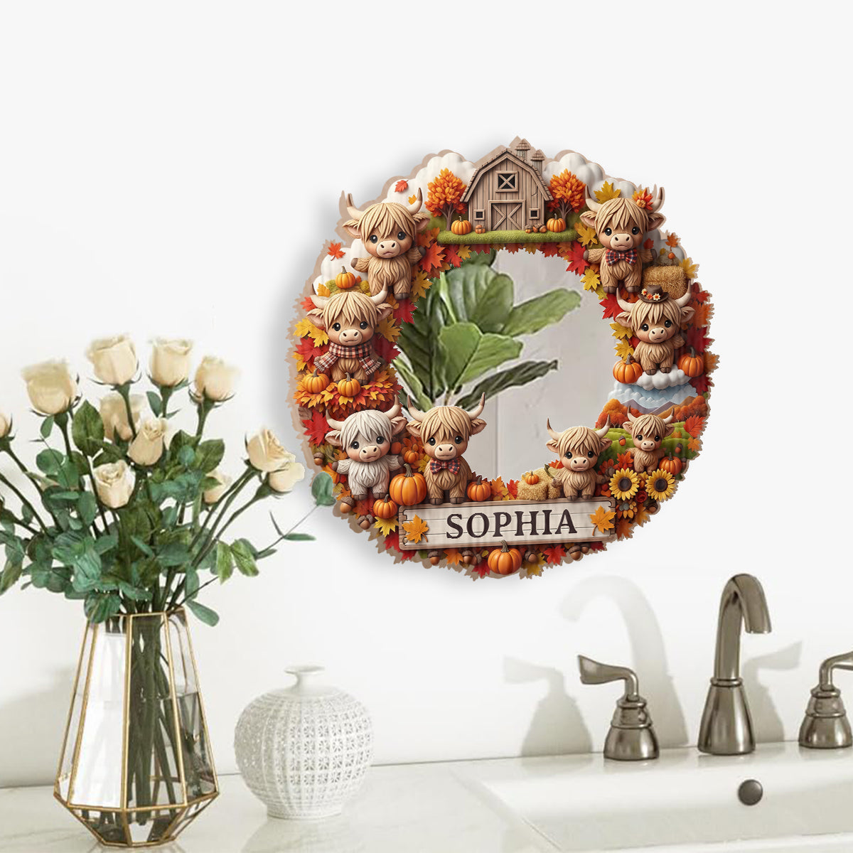 Herbstliche Hochlandrinder - Personalisierter Hochlandrind-Wandspiegel