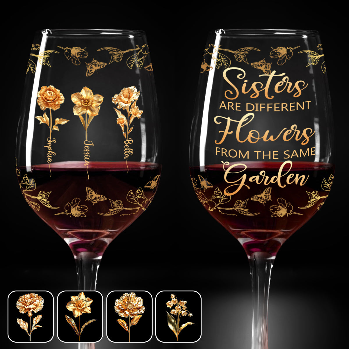 Sisters Are Different Flowers - Personalized Sibling Wine Glass With Long Stem