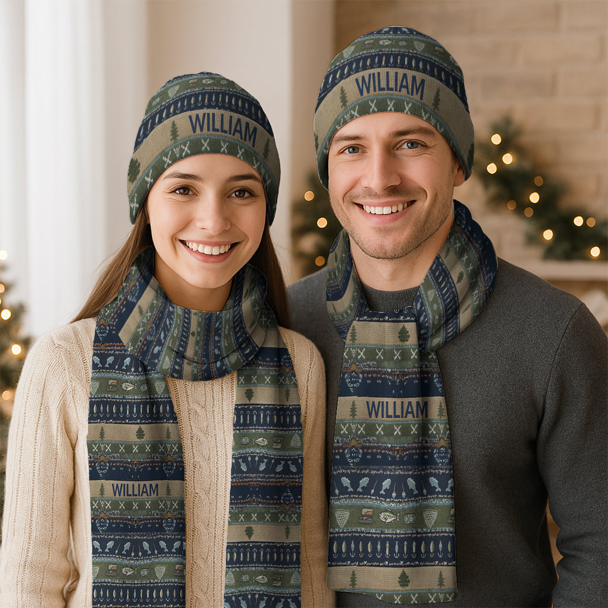 Fishing - Personalized Fishing Knitted Beanie Hat and Scarf Set