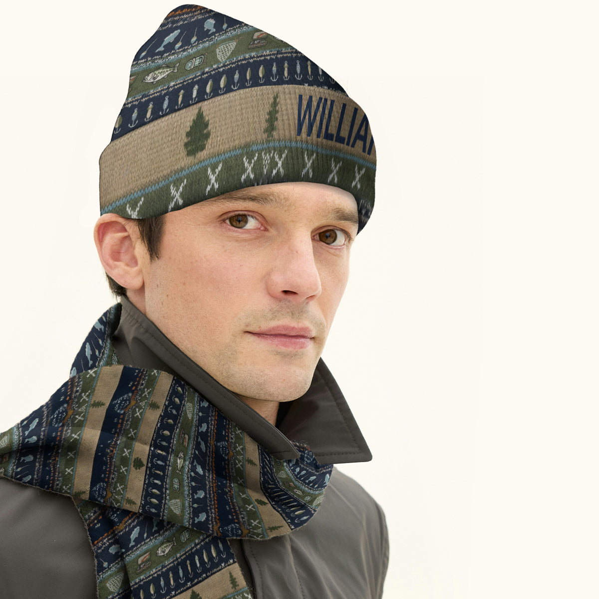 Fishing - Personalized Fishing Knitted Beanie Hat and Scarf Set