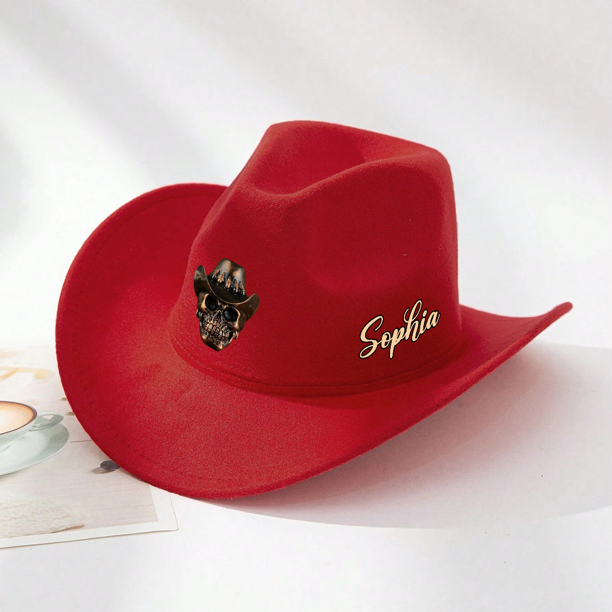 Menschlicher Schädel, Skelett, Kopfknochen, Cowboy-Stil – Personalisierter Cowboyhut mit breiter Krempe im Western-Stil