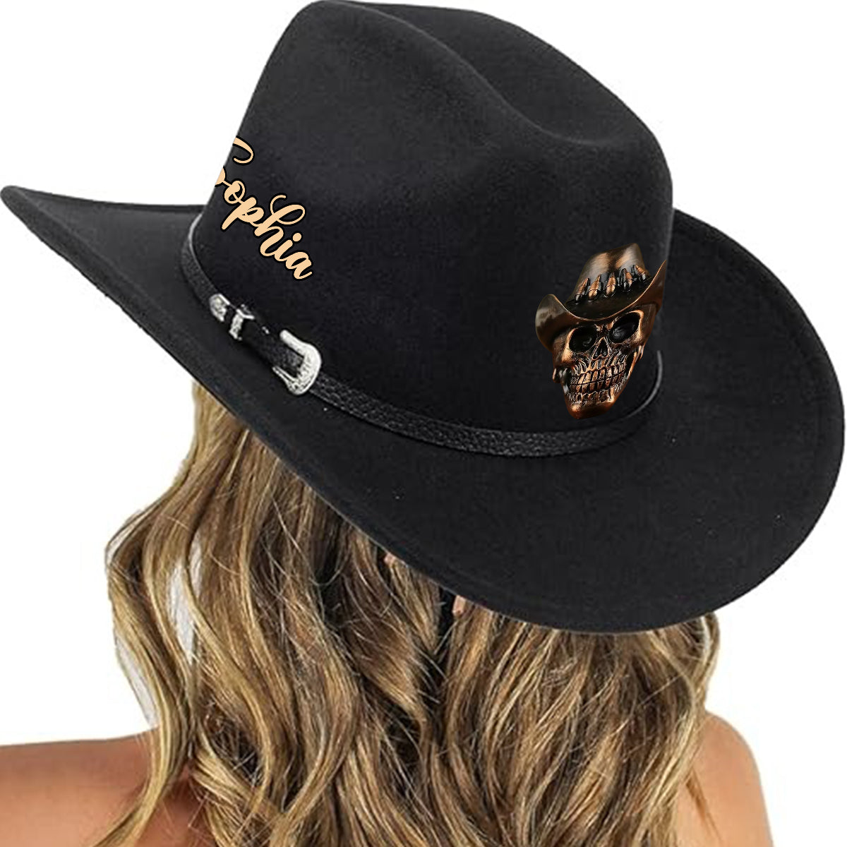 Menschlicher Schädel, Skelett, Kopfknochen, Cowboy-Stil – Personalisierter Cowboyhut mit breiter Krempe im Western-Stil