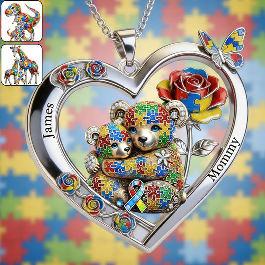 Any Animal Strong Mama - Personalized Autism Awareness Shaped Metal Pendant Necklace