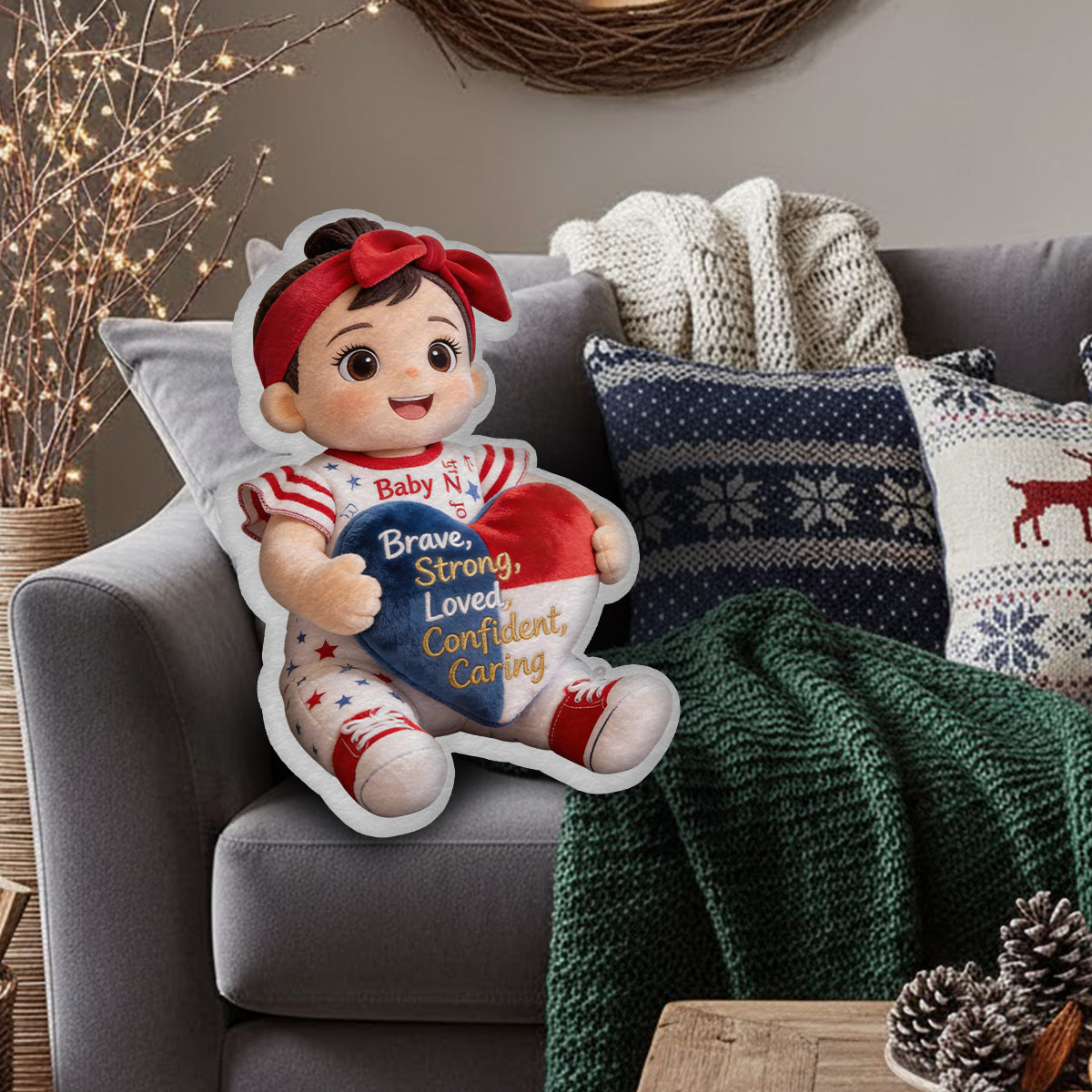 Mutig, stark, geliebt – Geschenk mit Affirmationen – personalisiertes Kissen in Form eines Kinderkissens aus Kunstfell