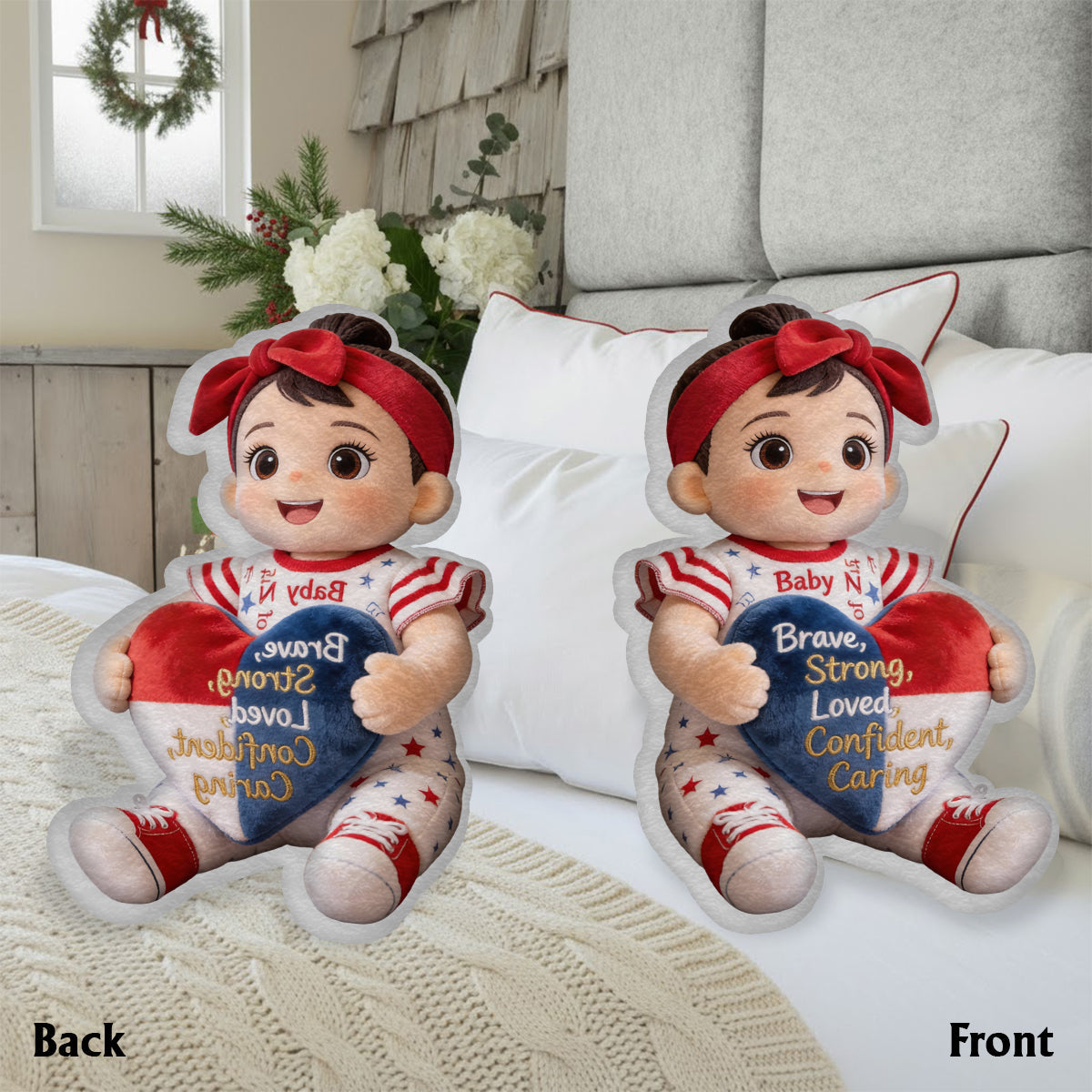 Mutig, stark, geliebt – Geschenk mit Affirmationen – personalisiertes Kissen in Form eines Kinderkissens aus Kunstfell