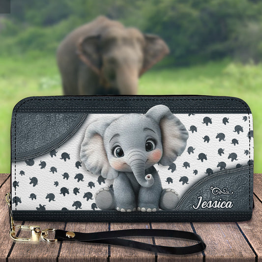 Bébé éléphant mignon - Portefeuille long en cuir personnalisé avec éléphant