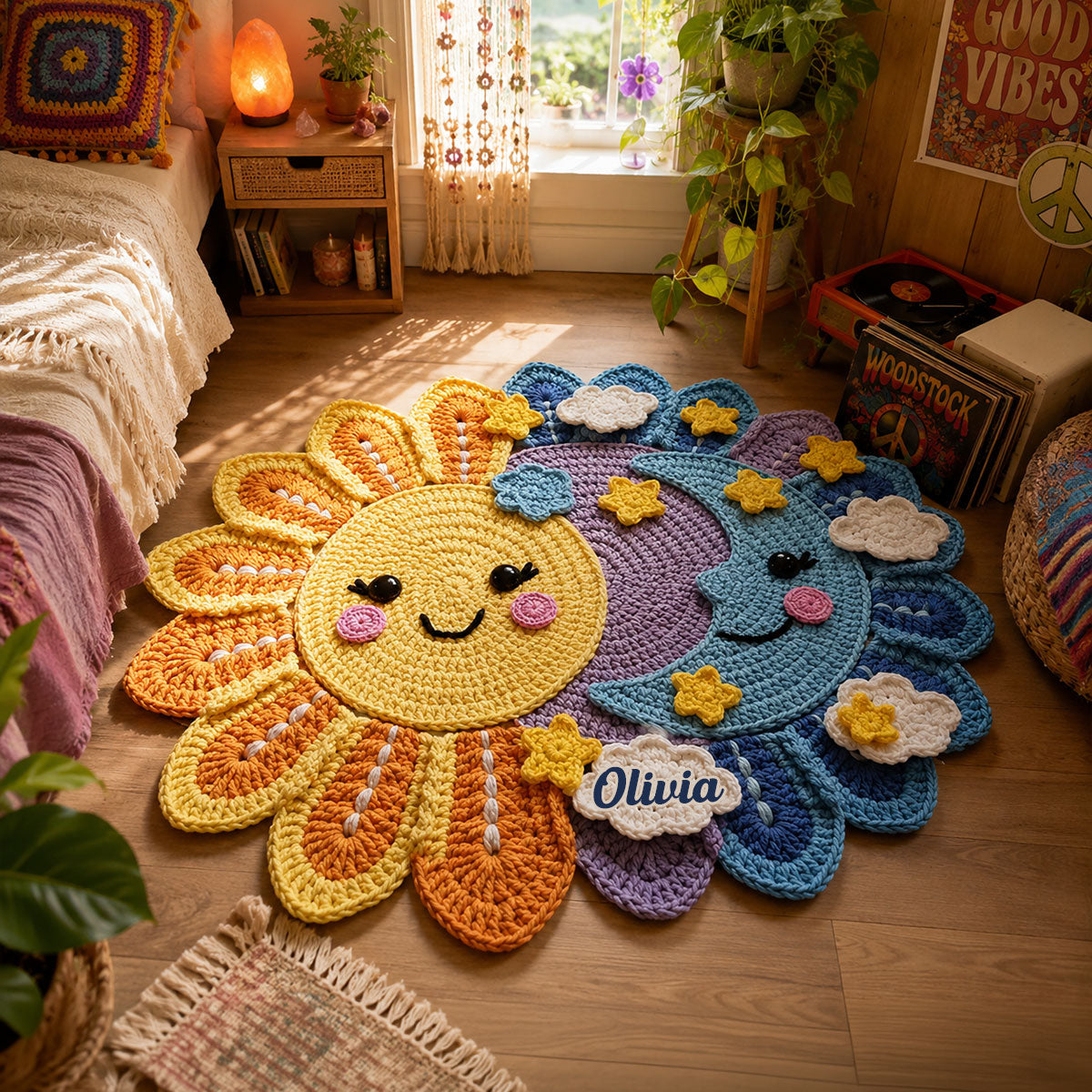 Live By The Sun, Love By The Moon - Personalized Hippie Non-Slip Tufted Rug