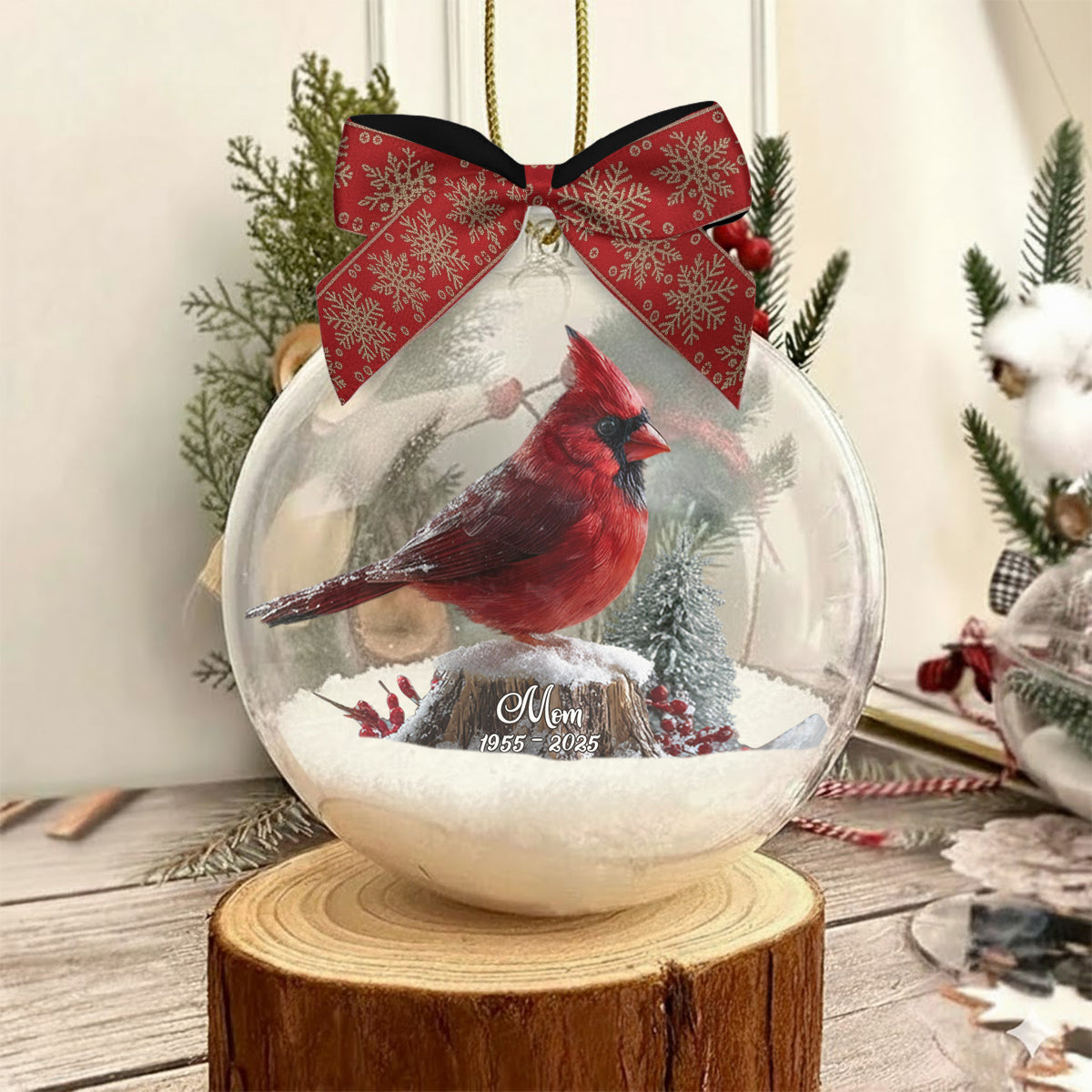 Cardinals Appear When Angels Are Near - Personalized Memorial Snow Globe Ornament With Bow