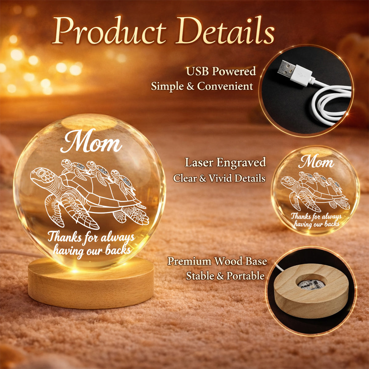 Danke, dass du uns immer den Rücken stärkst – Personalisierte Schildkröten-Kristallkugel-Nachtleuchte
