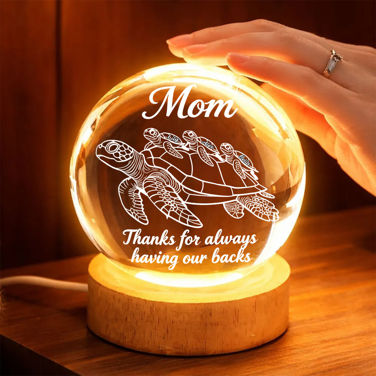Danke, dass du uns immer den Rücken stärkst – Personalisierte Schildkröten-Kristallkugel-Nachtleuchte