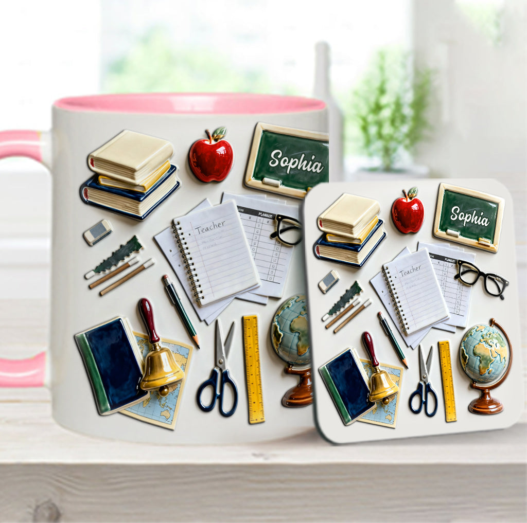 Lebe, liebe, lehre – Personalisierte Tasse und Untersetzer mit Lehrermotiv