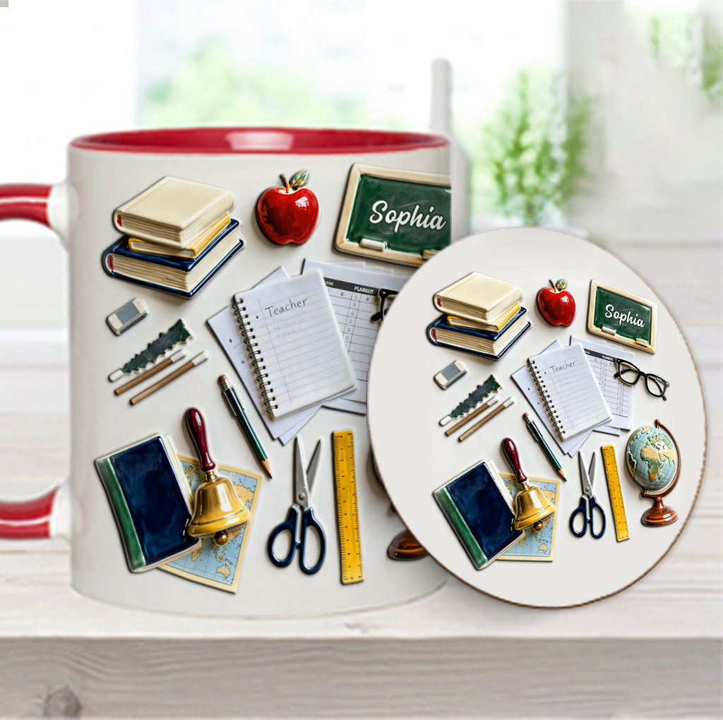 Lebe, liebe, lehre – Personalisierte Tasse und Untersetzer mit Lehrermotiv