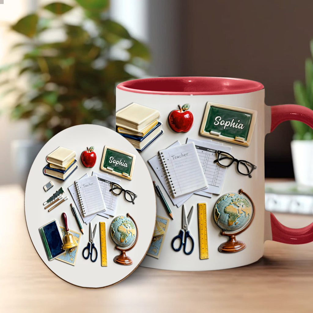 Lebe, liebe, lehre – Personalisierte Tasse und Untersetzer mit Lehrermotiv