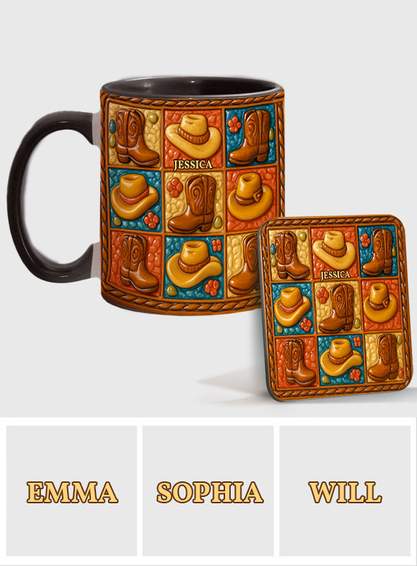 Cowgirl-Stiefel-Print, Western-Cowgirl – Personalisierte Tasse und Untersetzer mit Cowgirl-Akzent