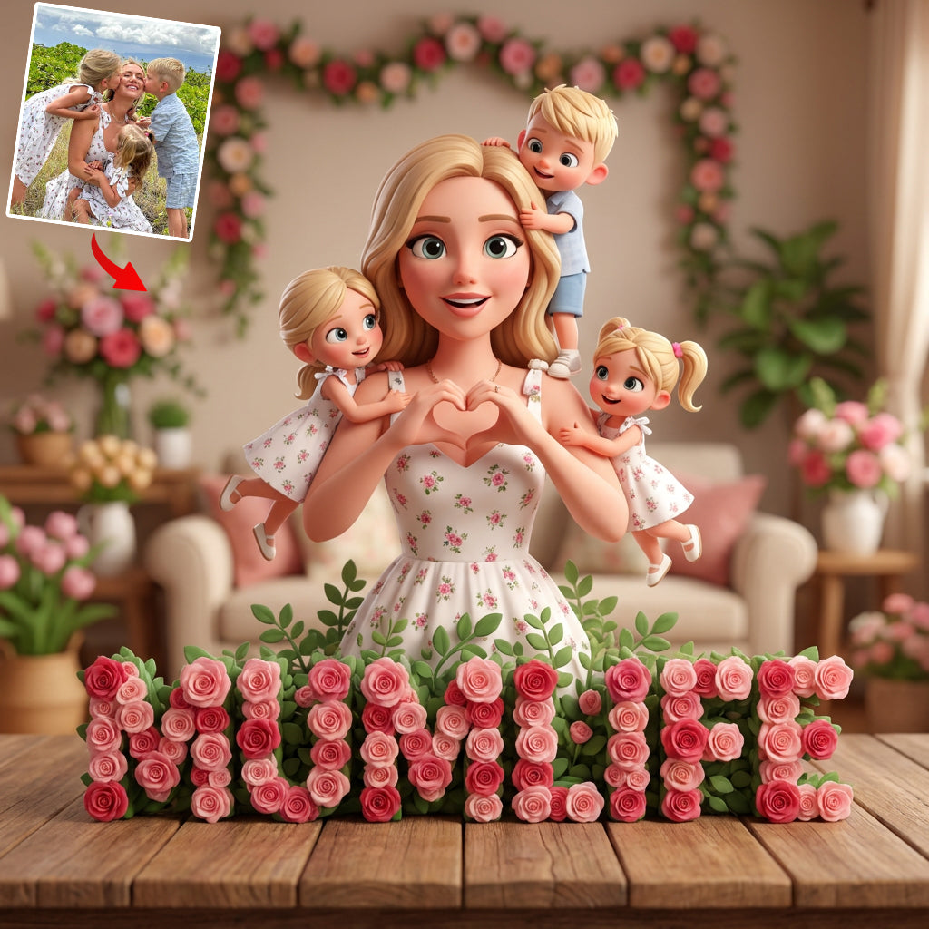 Herzförmige Hände mit Blume – Personalisierte Acrylplakette in individueller Form für die Mutter