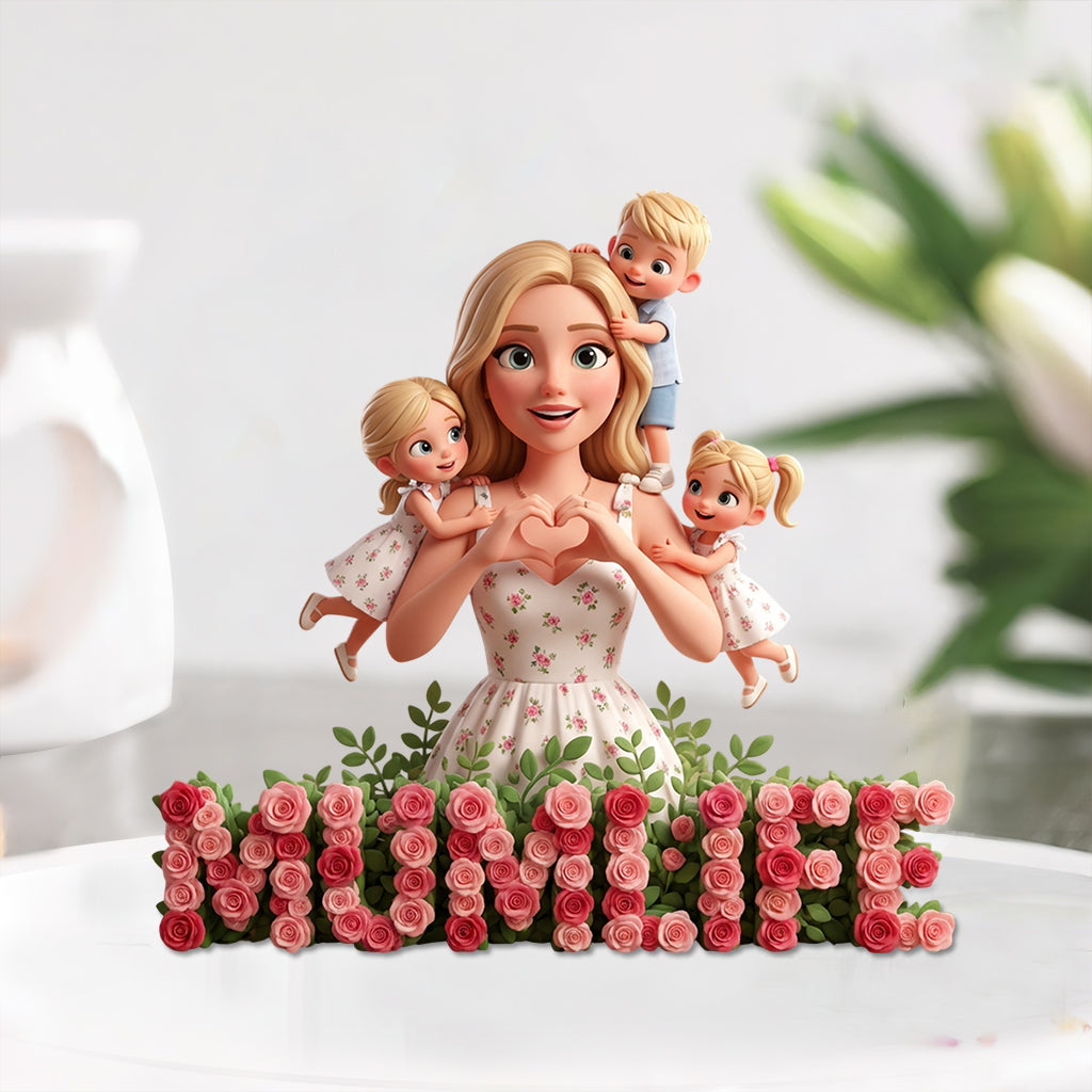 Herzförmige Hände mit Blume – Personalisierte Acrylplakette in individueller Form für die Mutter