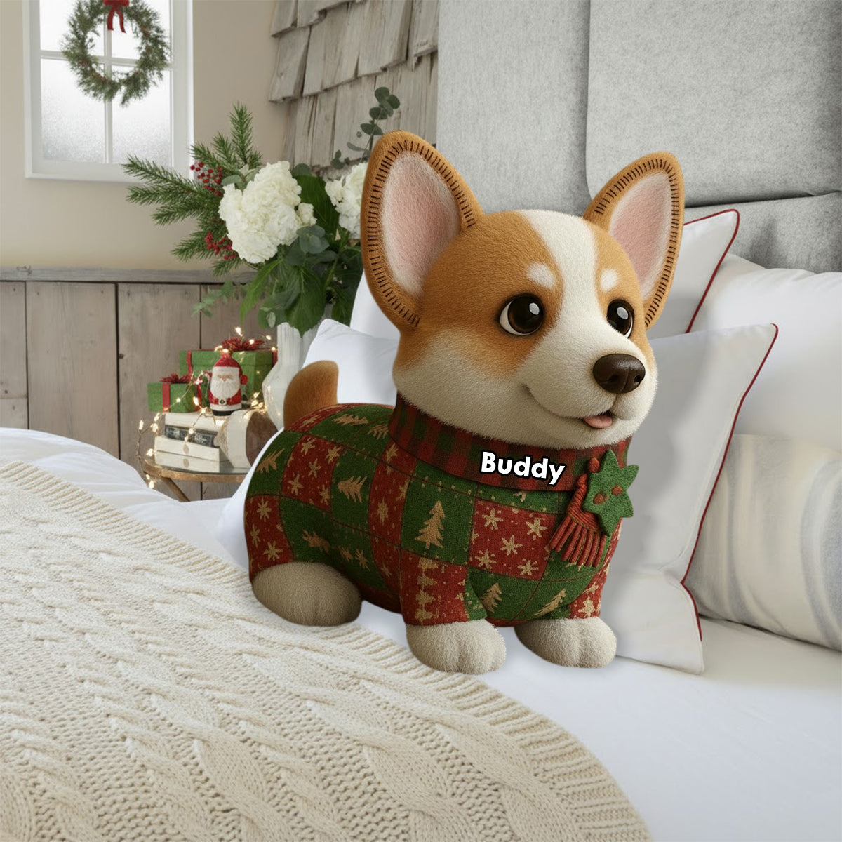 Dog Christmas Quilt - Personalized Dog Faux Fur Shaped Pillow